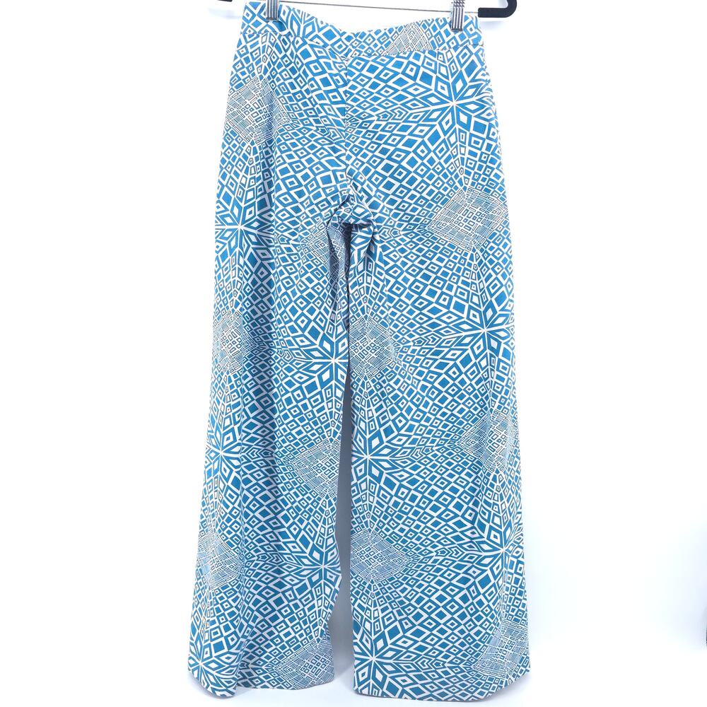 Dar Retro Psychedelic Handmade Blue White Geometric Pattern Wide Leg Pants 29 - Picture 7 of 10